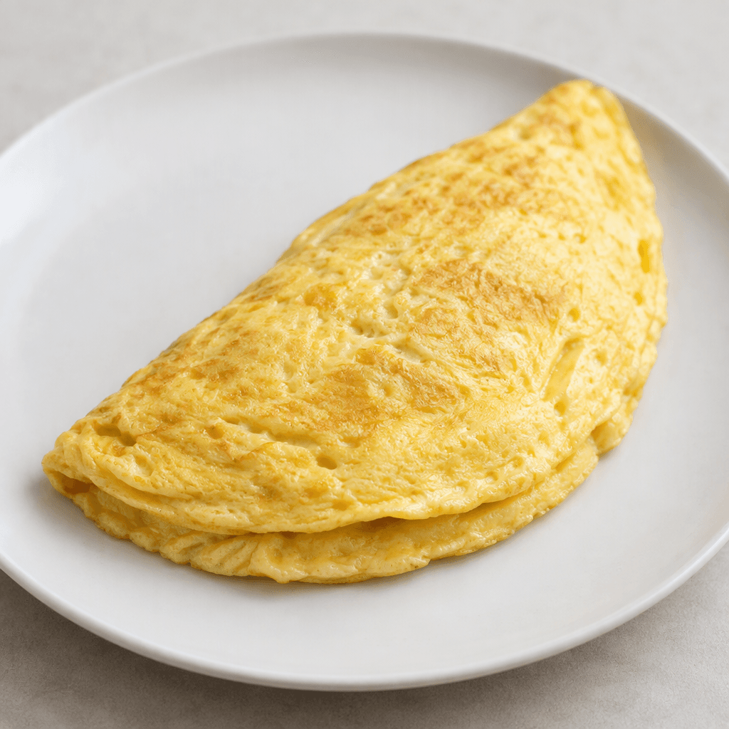 Açık sarı renkli, ince ve katlanmış bir omlet; kenarları yumuşakça pişmiş, dokusu hafif kabarık ve sade bir tabakta bütün halde servis edilmiş.