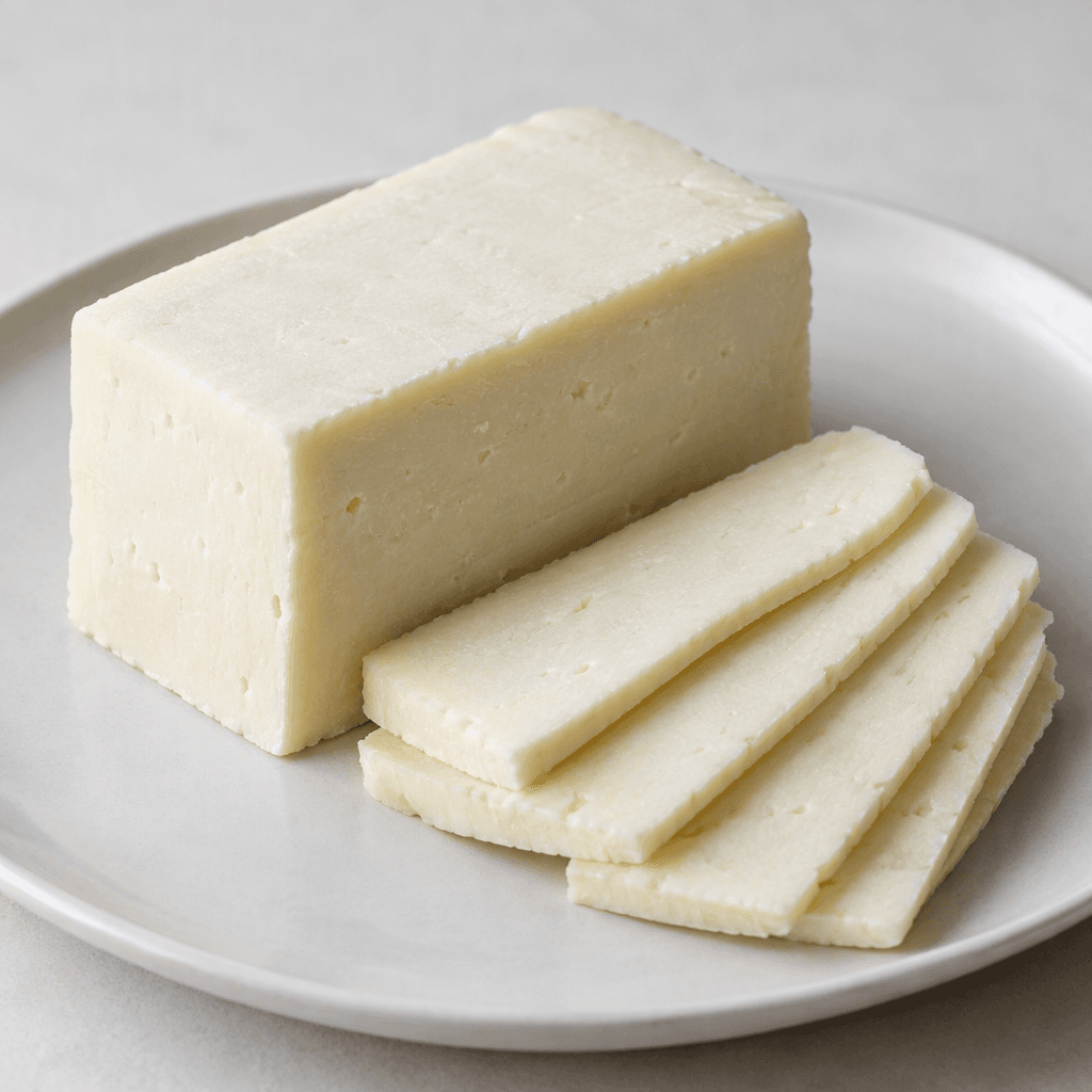 A pale white to ivory cheese in a compact rectangular block, with a smooth, firm, slightly dry surface and several thin slices arranged beside it on a plain plate.