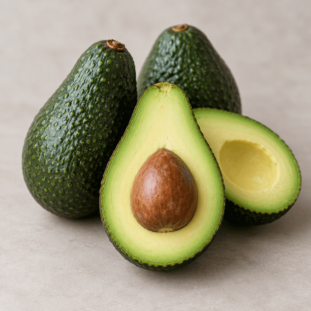 Small, pear-shaped avocados with dark green, slightly pebbled skin, shown whole and cut open to reveal pale green creamy flesh surrounding a small round brown pit.