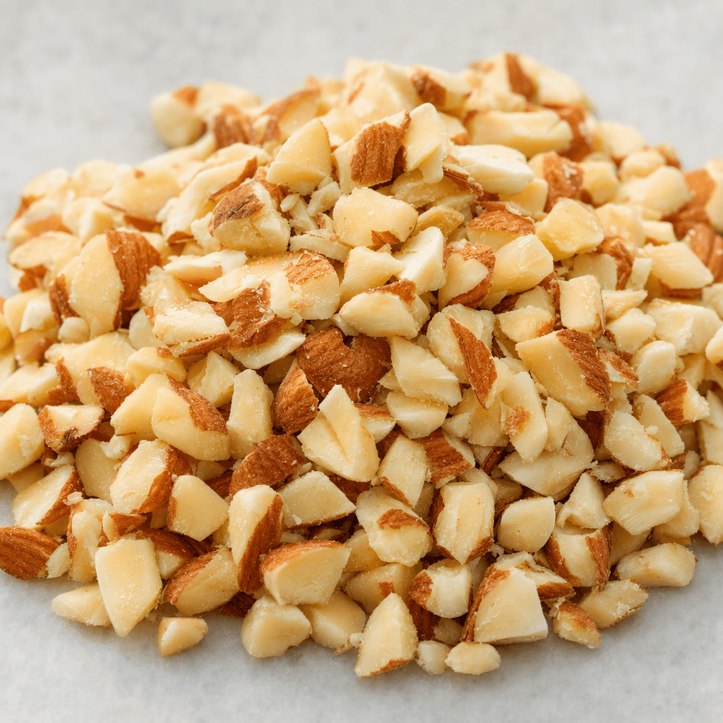 A small pile of roughly chopped almonds, with irregular ivory pieces and occasional thin brown skin fragments.