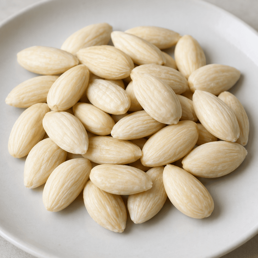 Smooth, ivory-white almonds with their brown skins removed, showing elongated oval shapes with gently pointed ends and a matte, slightly ridged surface, arranged loosely on a plain plate.