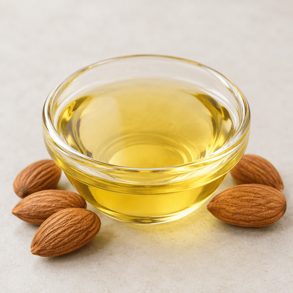 Clear, pale golden-yellow almond oil forms a glossy pool in a small glass dish, with smooth, fluid edges.