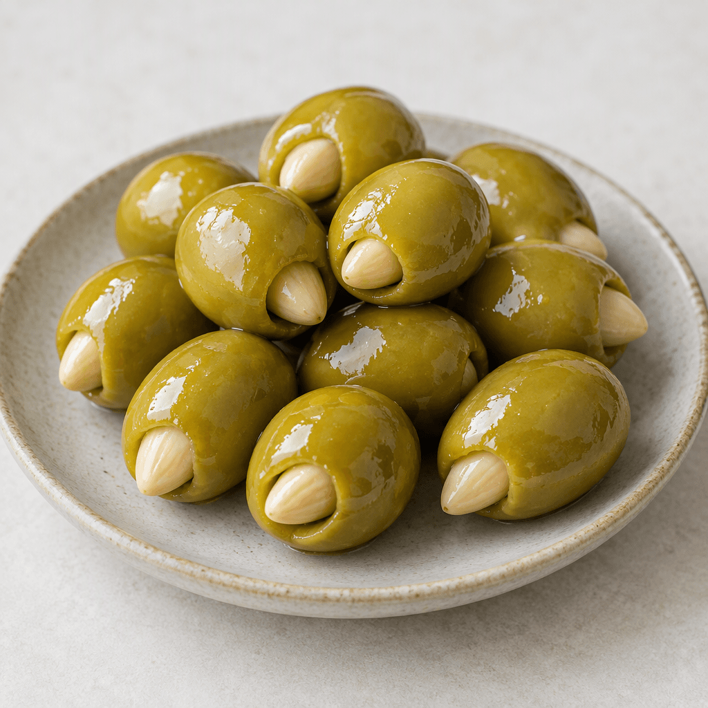 Plump, glossy green olives are arranged on a small plate, each with a pale beige almond filling visible through its opening.