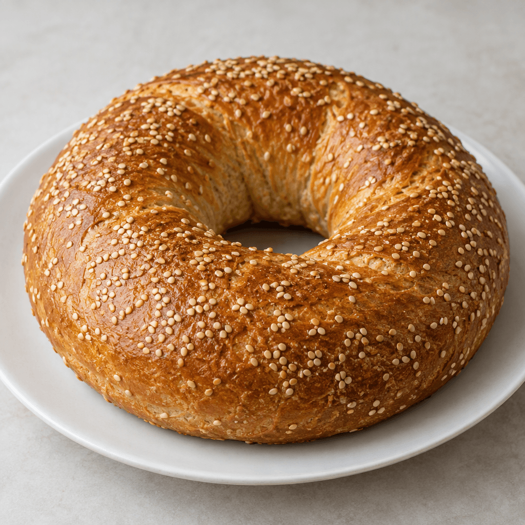 A round, thick, golden-brown ring-shaped bread with a dense, slightly glossy crust, a central hole, and sesame seeds scattered across its surface, served whole on a plain plate.