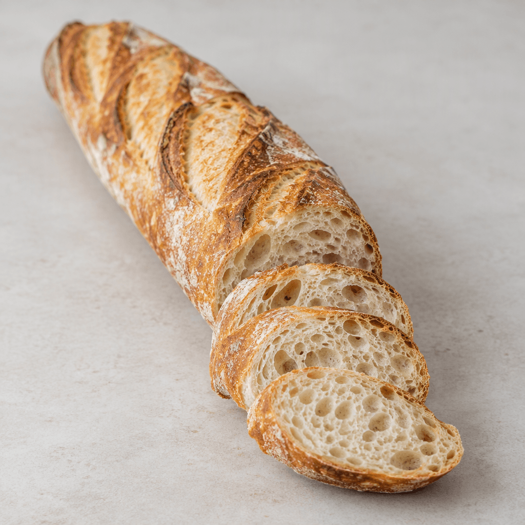 A long, slender loaf with a golden-brown, blistered crust, several diagonal slashes along the top, and a pale, airy interior visible where it is sliced.