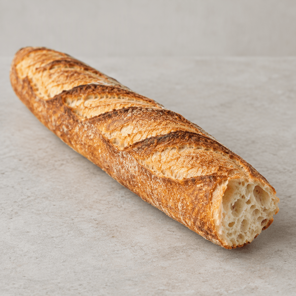A long, slender loaf with a golden-brown, deeply ridged crust, several diagonal cuts along the top, and a pale, airy crumb visible at one broken end, resting on a simple surface.