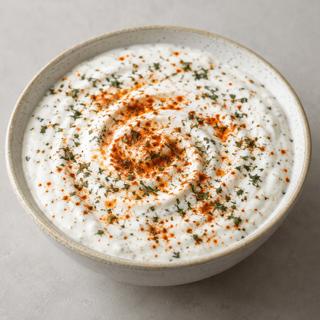 Thick, creamy white yogurt in a shallow bowl, visibly speckled with red paprika and fine green herb flakes, with a smooth surface and a small swirl of reddish seasoning in the center.