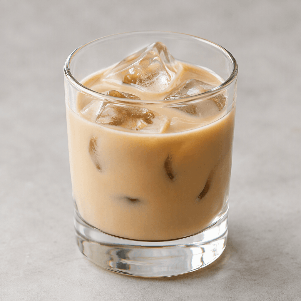 A pale caramel-beige cream liqueur with a smooth, glossy, moderately thick texture, poured into a small clear glass and served plain or over a few ice cubes.