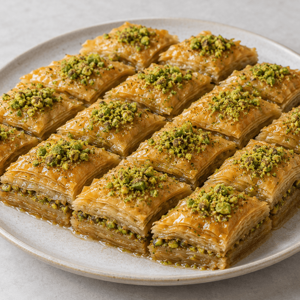 A rectangular pastry made of many thin, crisp golden-brown layers, cut into neat diamond-shaped pieces and topped with finely chopped green pistachios, with a glossy syrup sheen visible between the layers and around the edges, arranged closely on a serving plate.
