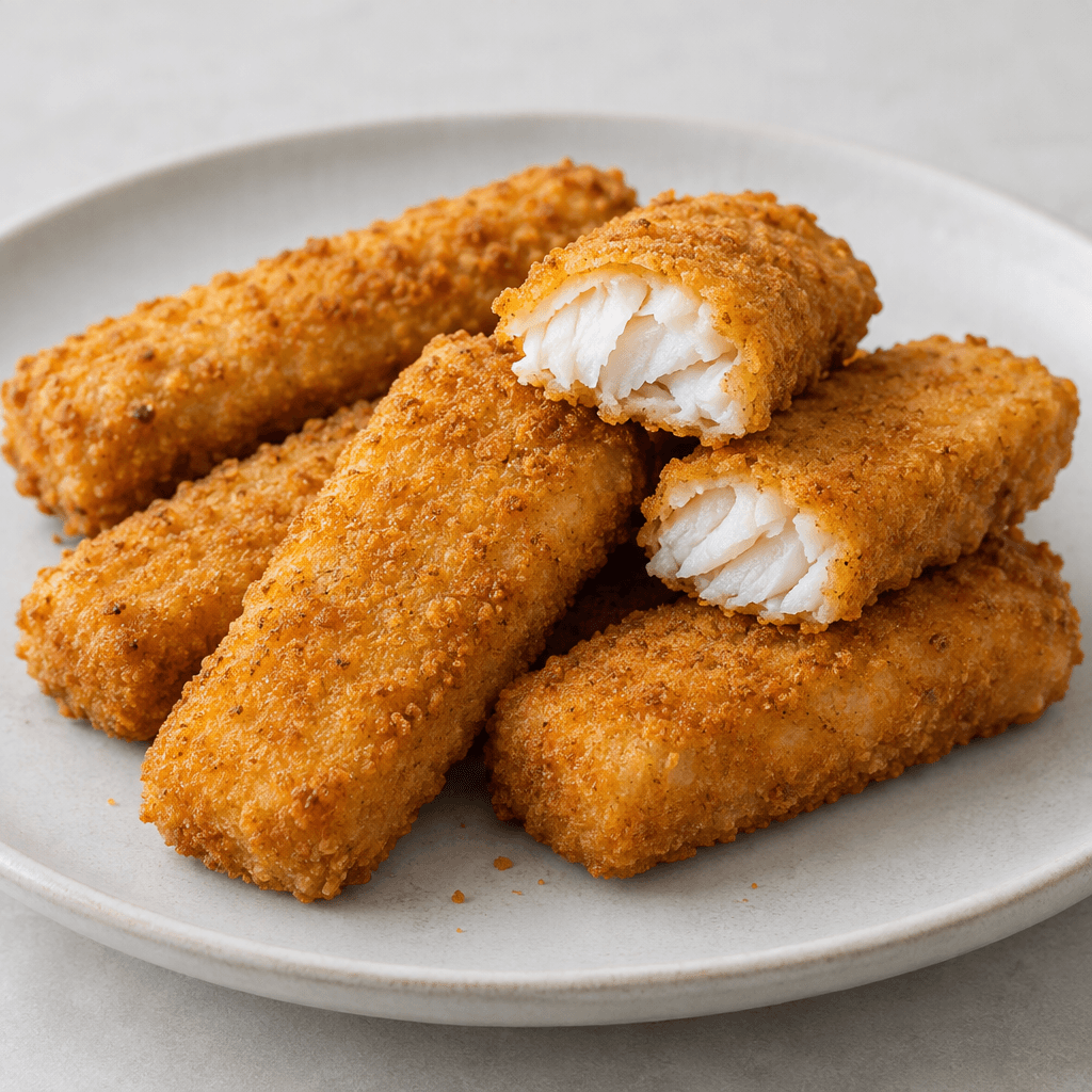 Several evenly shaped rectangular fish fingers with a crisp golden-brown crumb coating are arranged on a plate, with a white, flaky fish interior visible at a broken end.