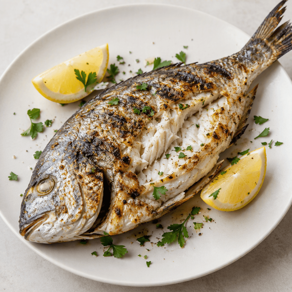 A whole fish with silvery, lightly charred skin and dark grill marks, split open to reveal moist white flesh, served on a plain plate with lemon wedges and a small scattering of fresh green herbs.