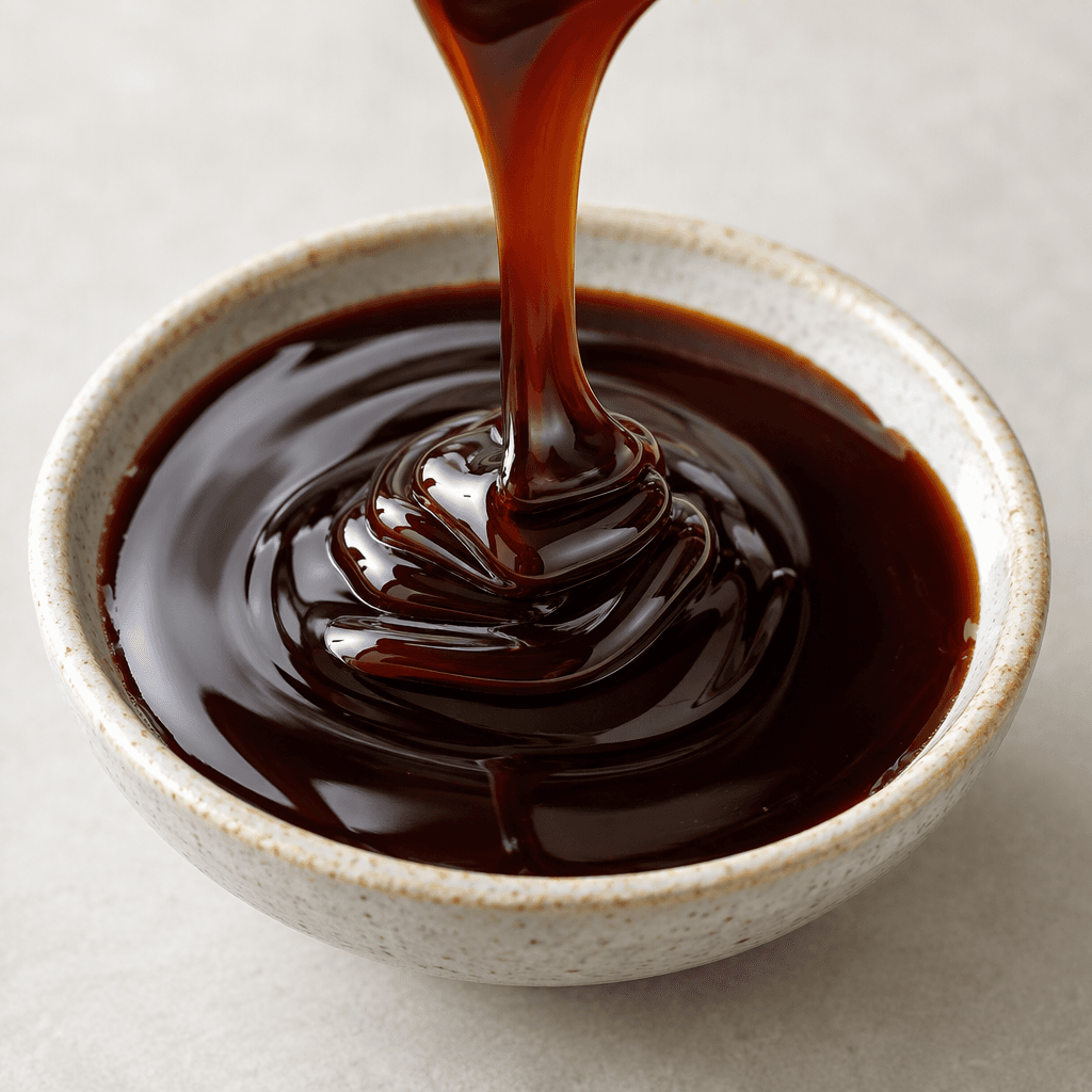 A glossy, deep mahogany-brown to nearly black liquid with a thick, syrupy texture, shown pooling in a small dish and forming slow, smooth ribbons where it has been drizzled.