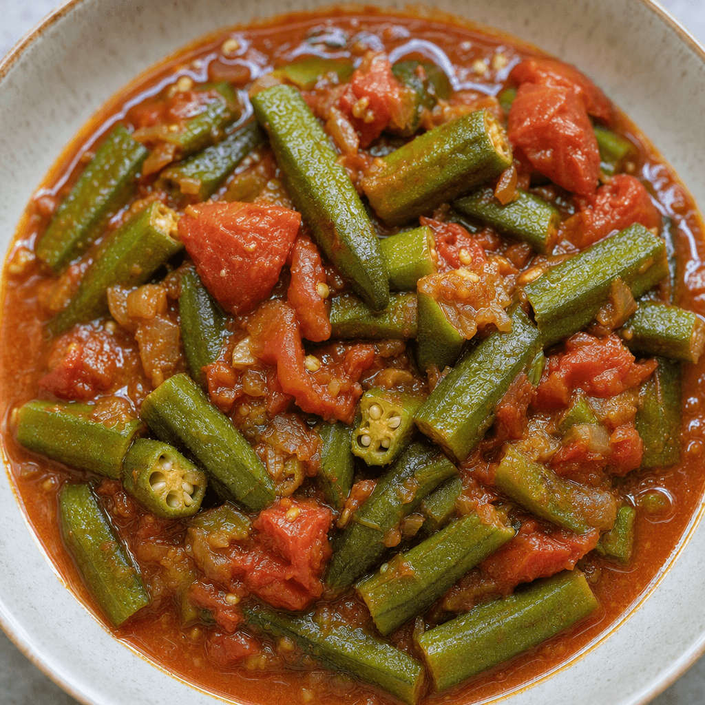 Small green okra pods and pieces of tomato sit in a glossy, reddish sauce in a shallow bowl.