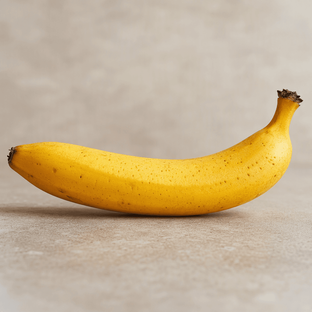A ripe banana with a long, gently curved shape, bright yellow peel, subtle brown speckles, and a short dark stem at one end.