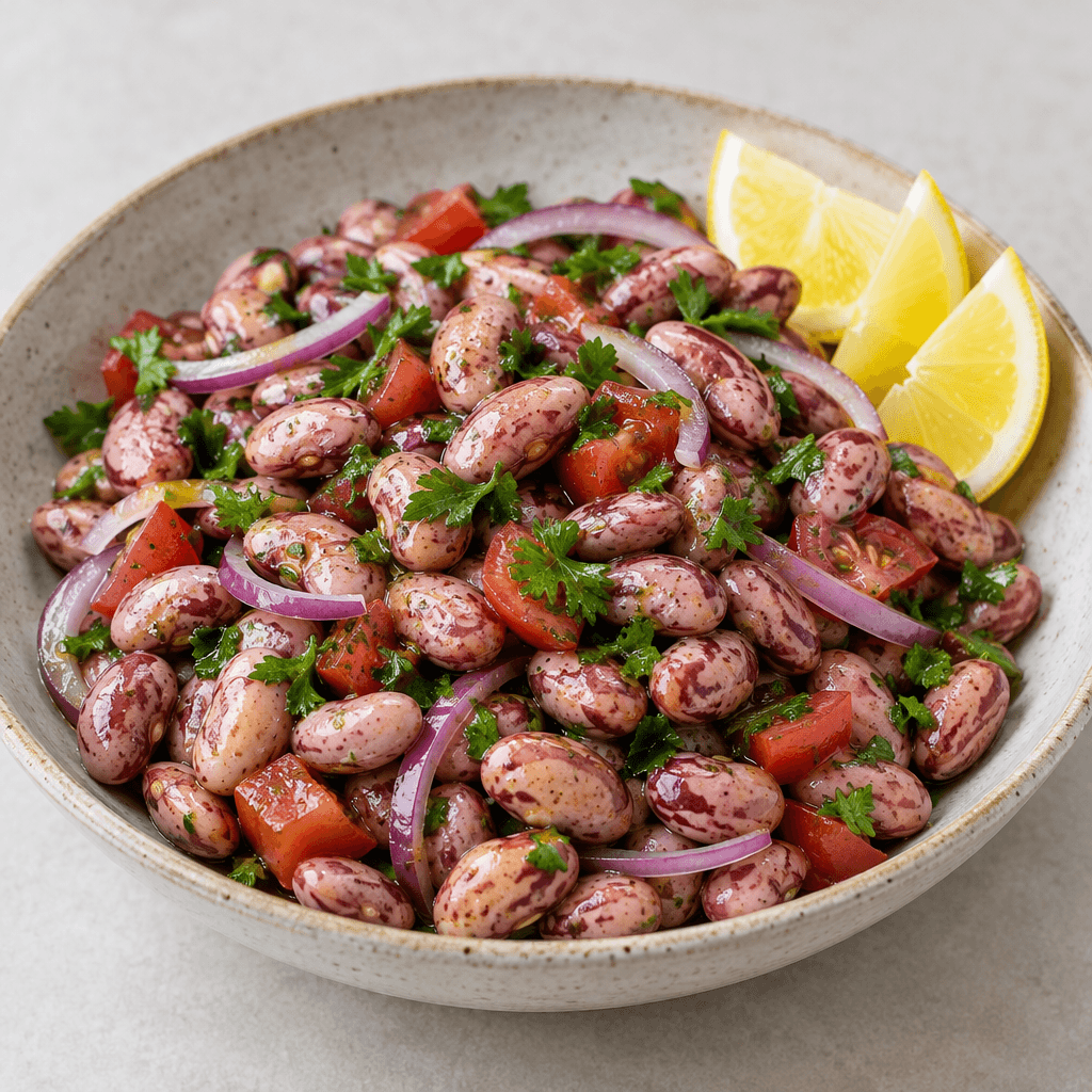 A shallow serving dish holds glossy pink-and-cream speckled cranberry beans mixed with thin crescent slices of red onion, chopped green parsley, and small red tomato pieces, with a light sheen of dressing and a few lemon wedges arranged at the side.