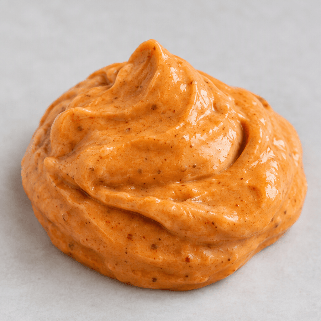 A thick, smooth, glossy mayonnaise with a warm reddish-orange hue and faint darker flecks, spooned into a soft mound.