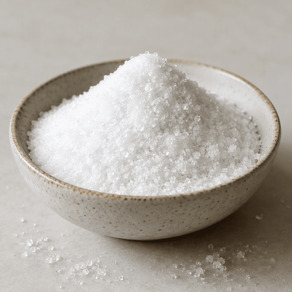 A small mound of fine white crystalline powder sits in a shallow bowl, with a few loose grains scattered around it.