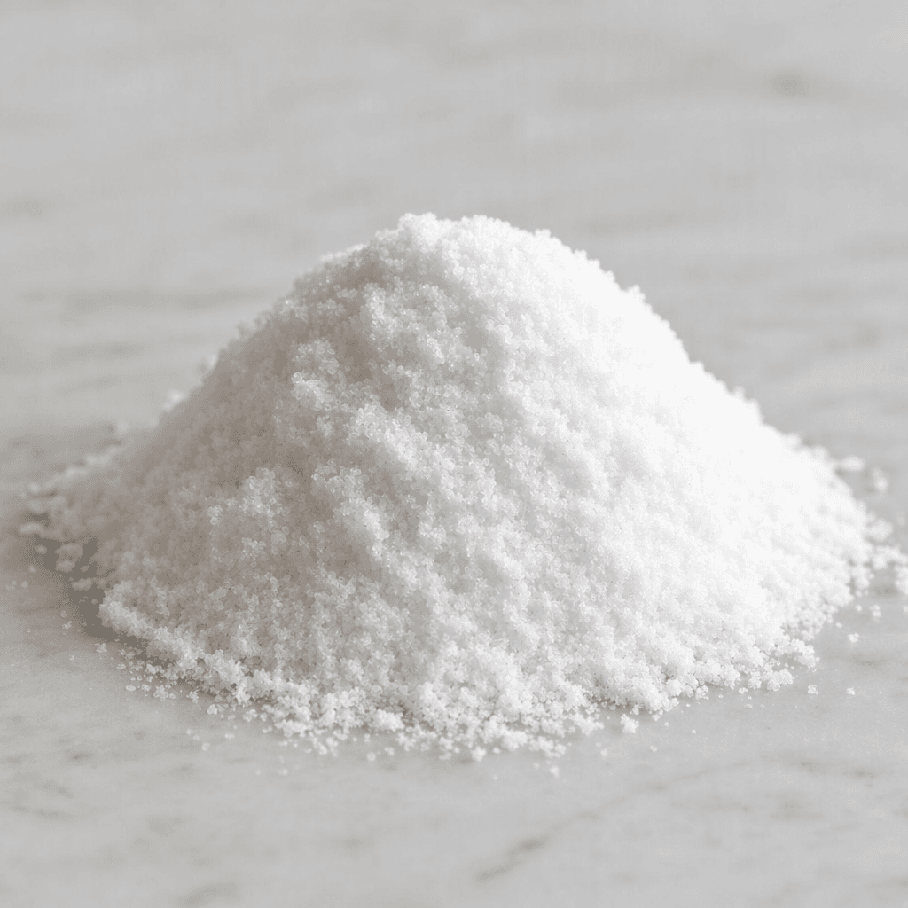 A small mound of fine white powder with a slightly crystalline, grainy texture sits on a plain surface.