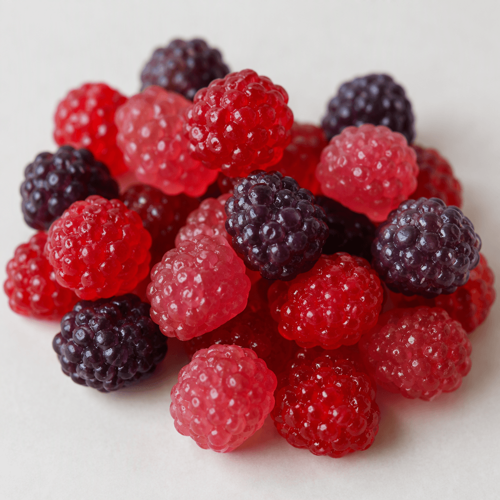 A scattered assortment of small, glossy gummy candies in berry-like shapes, with bumpy surfaces and deep red, pink, and purple colours.