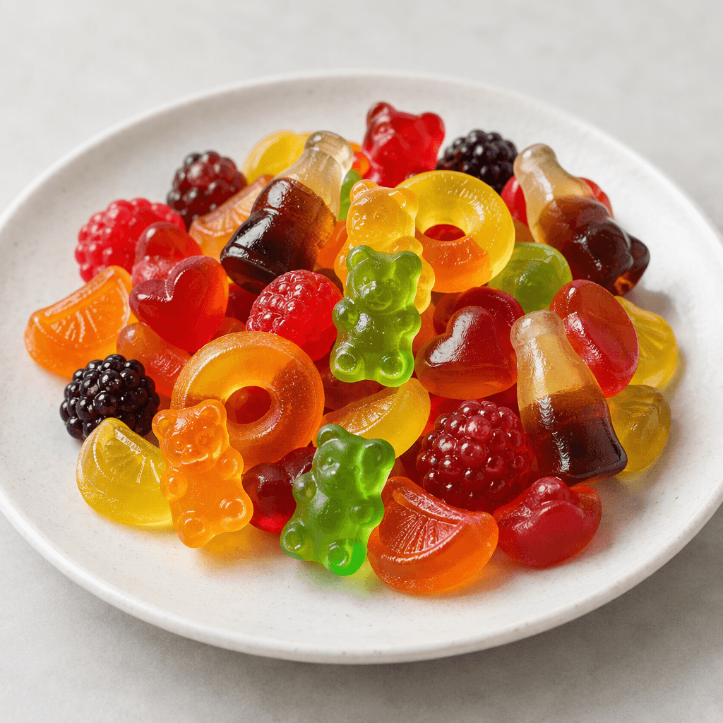 Small, brightly colored gummy candies in assorted shapes, with a translucent, glossy surface and a soft, slightly bouncy appearance, arranged together on a plate.