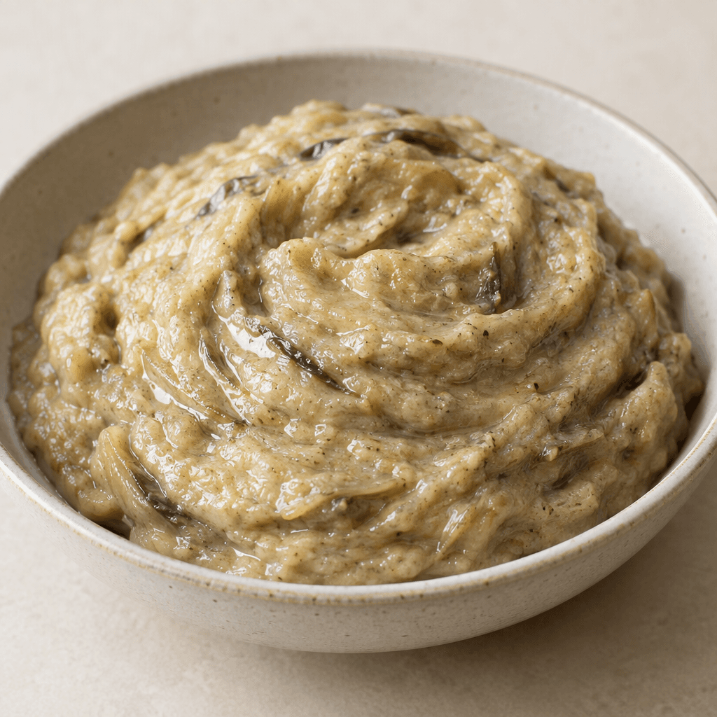 A thick, smooth eggplant purée sits in a shallow dish as a soft cream-beige mound, with a glossy surface and faint silky strands of eggplant visible throughout.