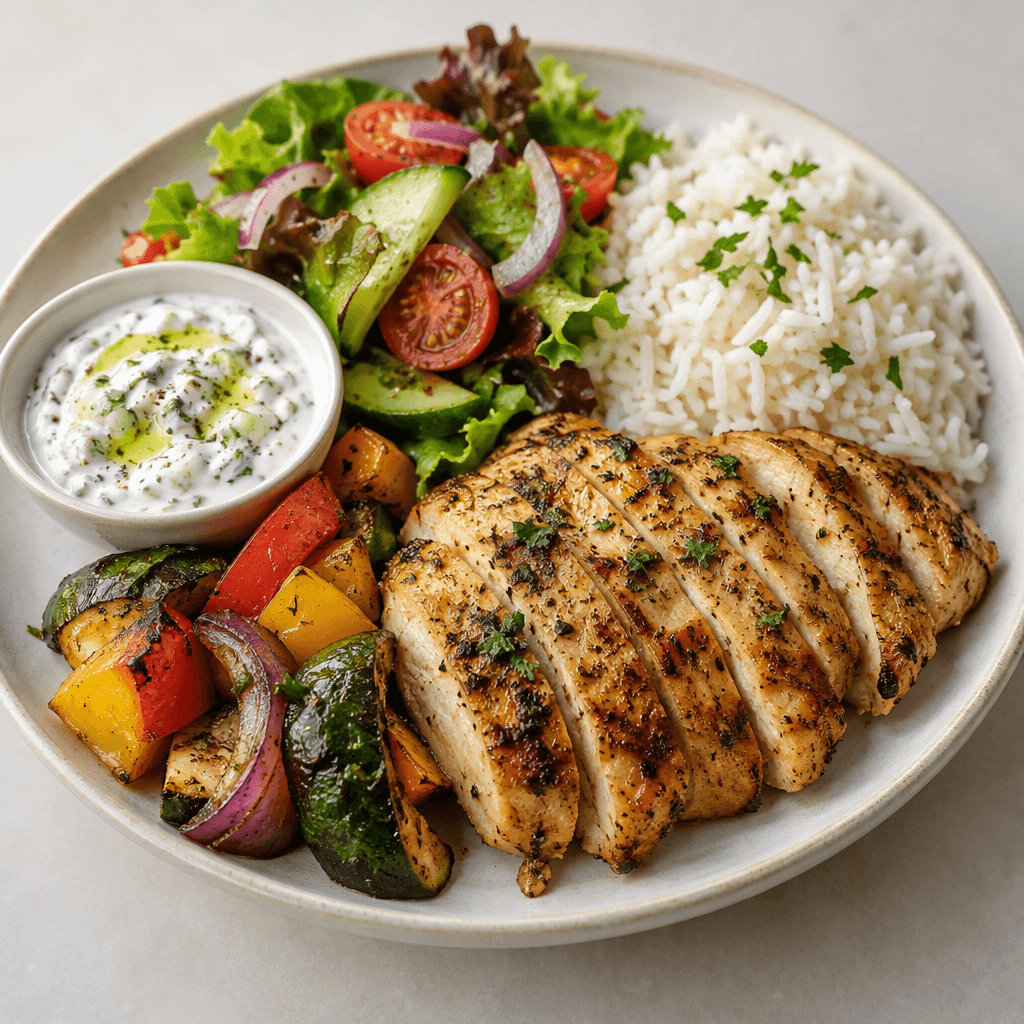 Several prepared food items are served together as a combo, arranged in separate portions with varied shapes, colors, and textures.