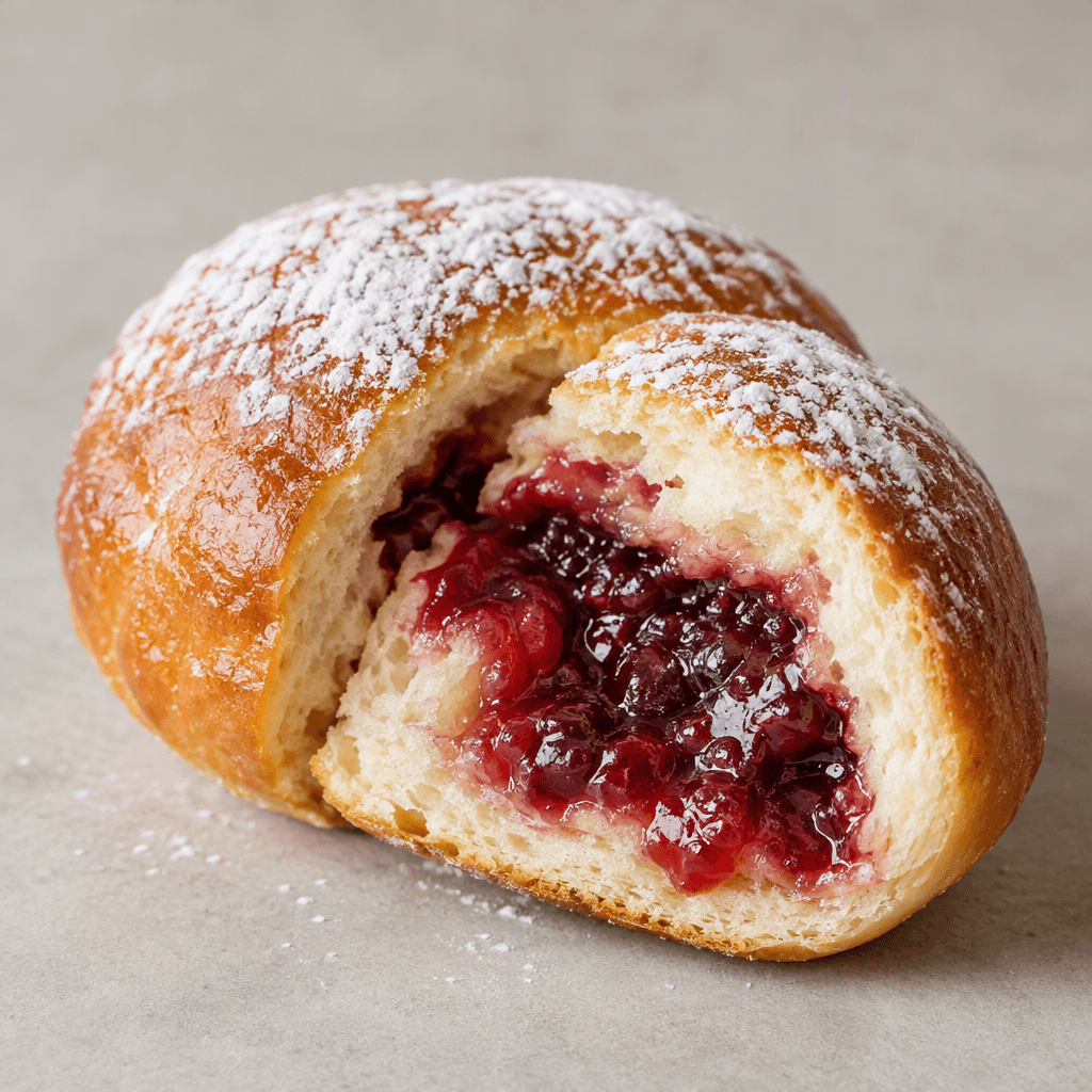 A round, plump golden-brown sweet yeast pastry is dusted with powdered sugar, with one pastry cut open to reveal a glossy red fruit filling inside.