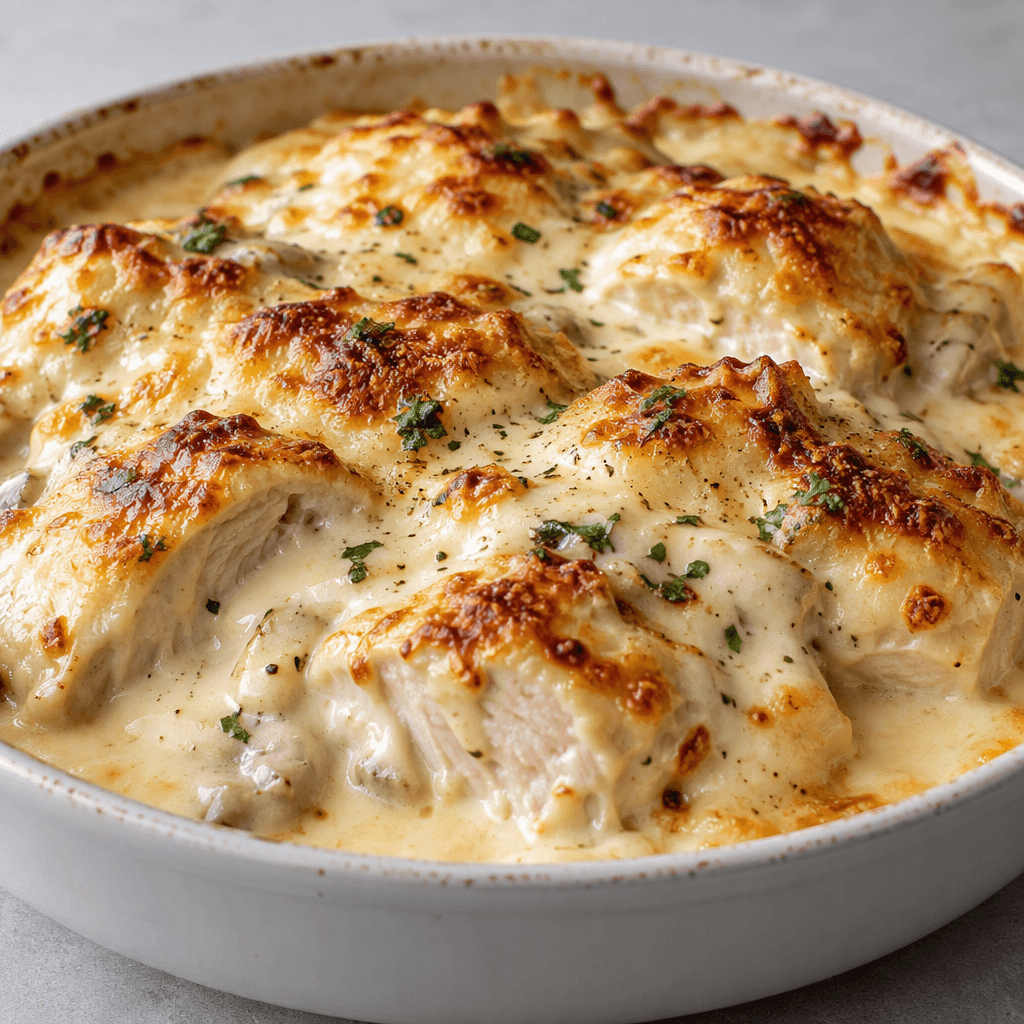 Tender-looking pieces of chicken are covered in a thick, smooth ivory béchamel sauce with a lightly golden, blistered top, served in a shallow dish.