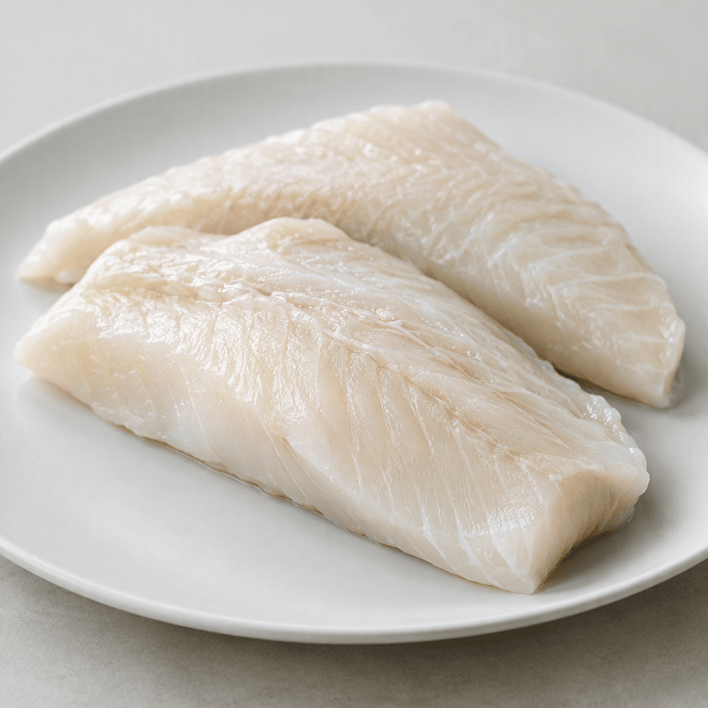 Pale white to ivory fish fillets with a smooth, moist surface, subtle muscle lines, and a firm, gently tapered shape, arranged on a plain plate.