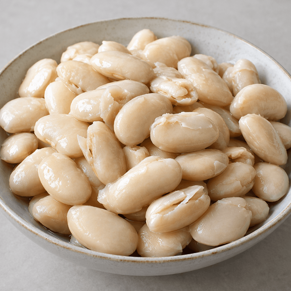 Large, smooth, oval white beans with slightly flattened sides, piled together in a shallow serving dish with a few split skins and a glossy, moist surface.