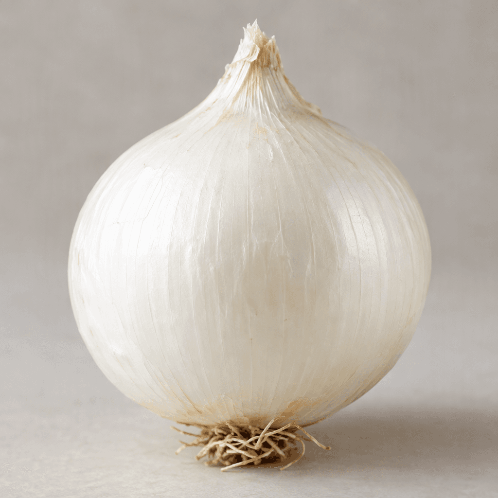 A whole white onion with a round, slightly flattened bulb, smooth ivory-white papery skin, a small pointed stem at the top, and fine dried roots at the base.