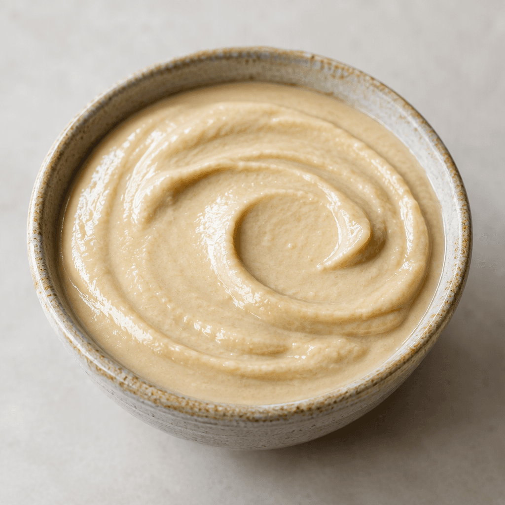 A thick, smooth, pale ivory sesame paste with a slight sheen, sitting in a small bowl with soft swirls across its surface.