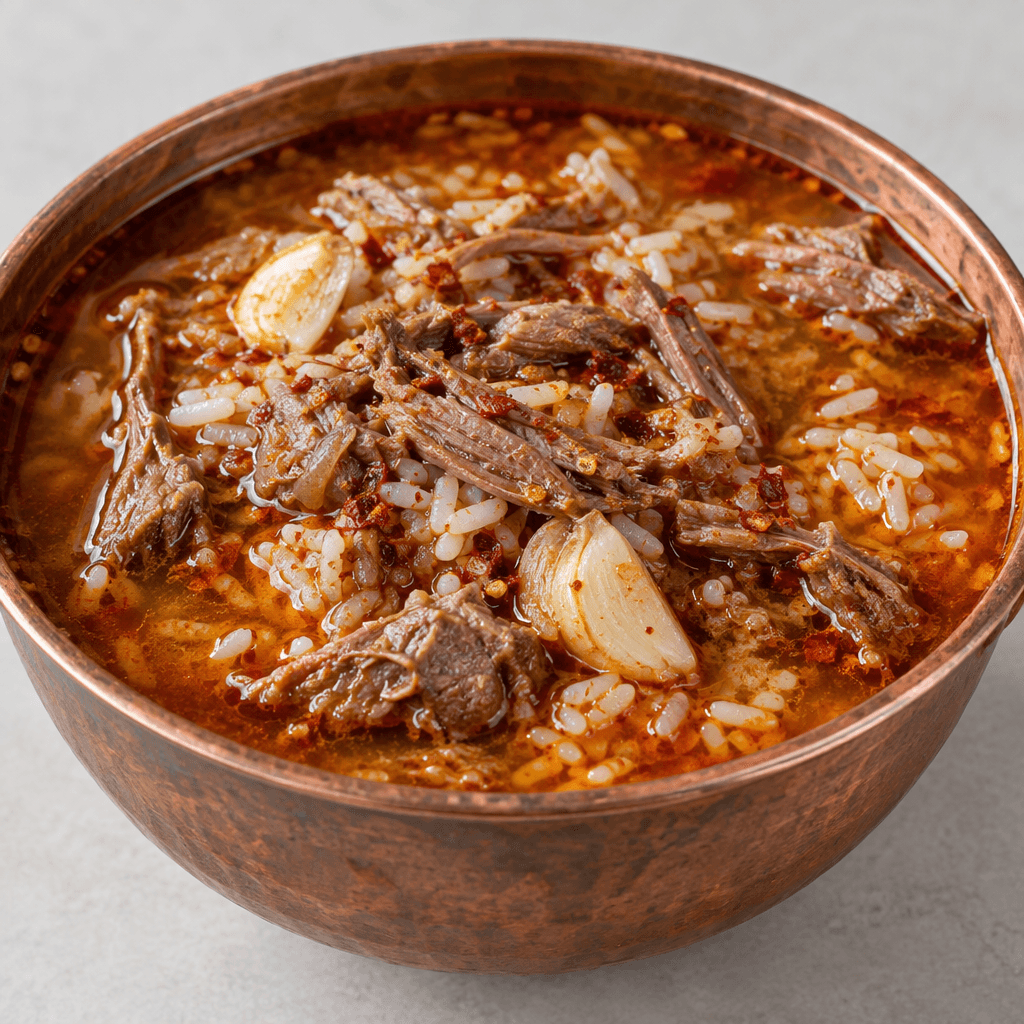 A deep copper bowl holds a reddish, oily broth with shredded lamb, grains of white rice, visible pieces of garlic and scattered red pepper flakes.