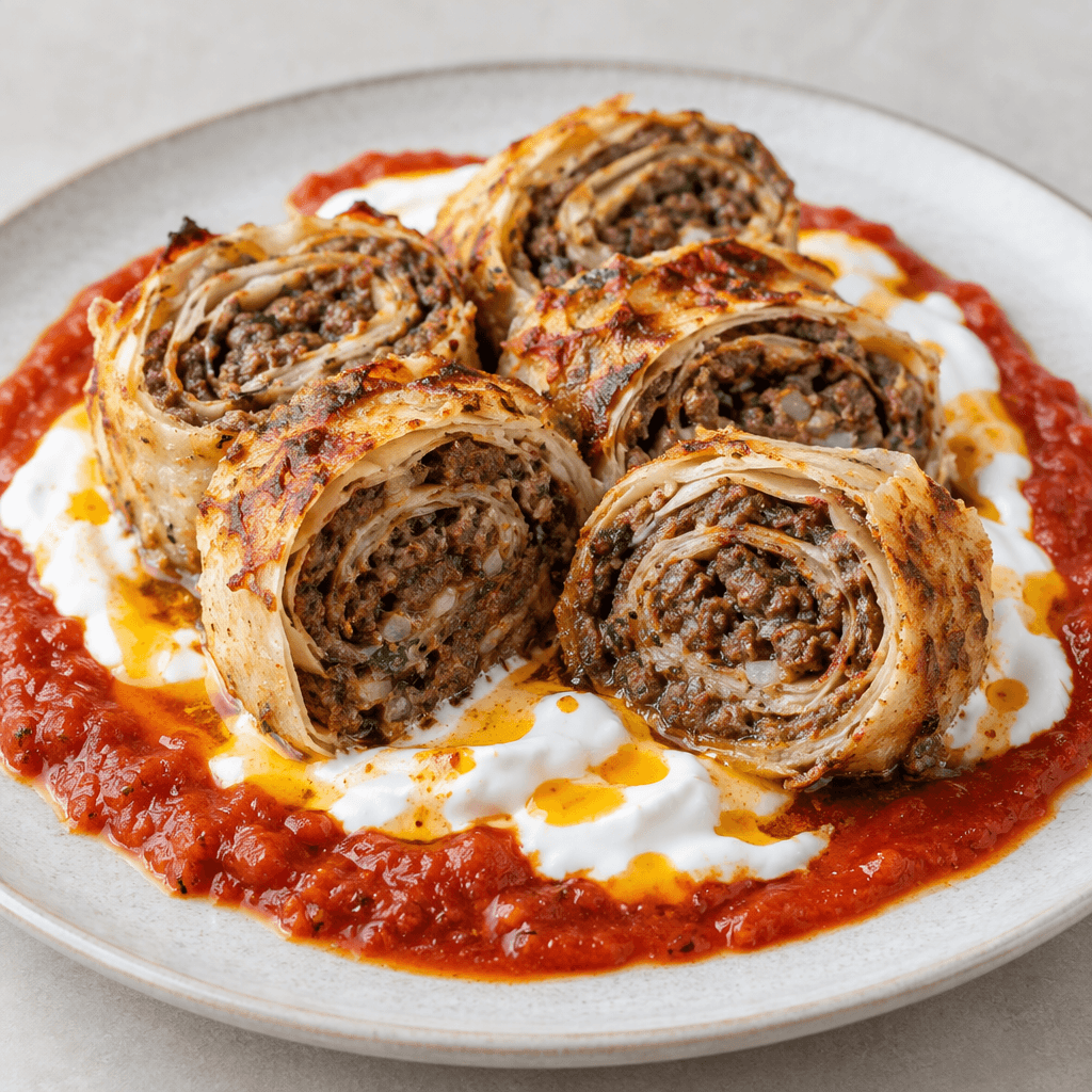 Sliced rolls of grilled minced meat wrapped in thin lavash form neat spiral rounds on a plate, surrounded by bright red tomato sauce, white yogurt, and a drizzle of golden melted butter, with a browned, slightly crisp exterior and a moist textured filling visible at the cut edges.