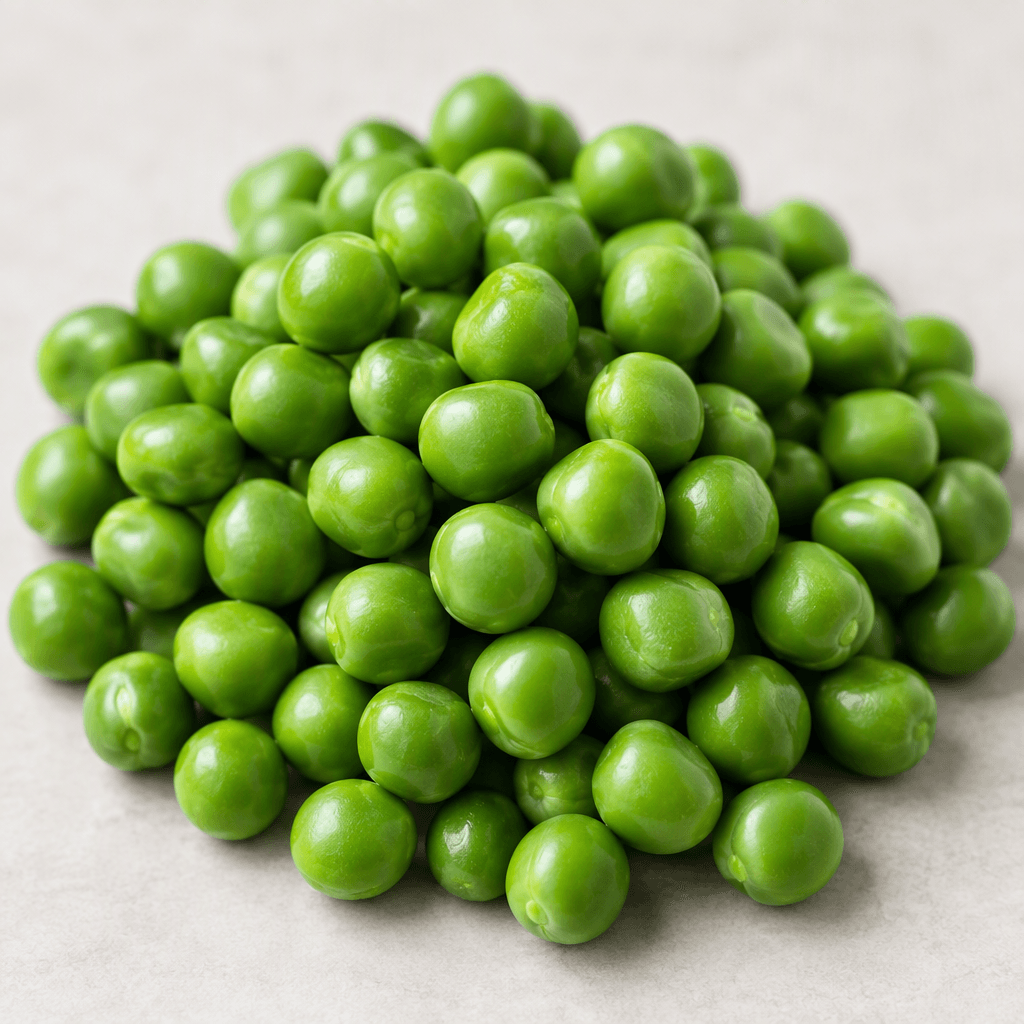 Small, round green peas with smooth, slightly glossy skins, shown loose in a fresh mound with a few peas overlapping one another.