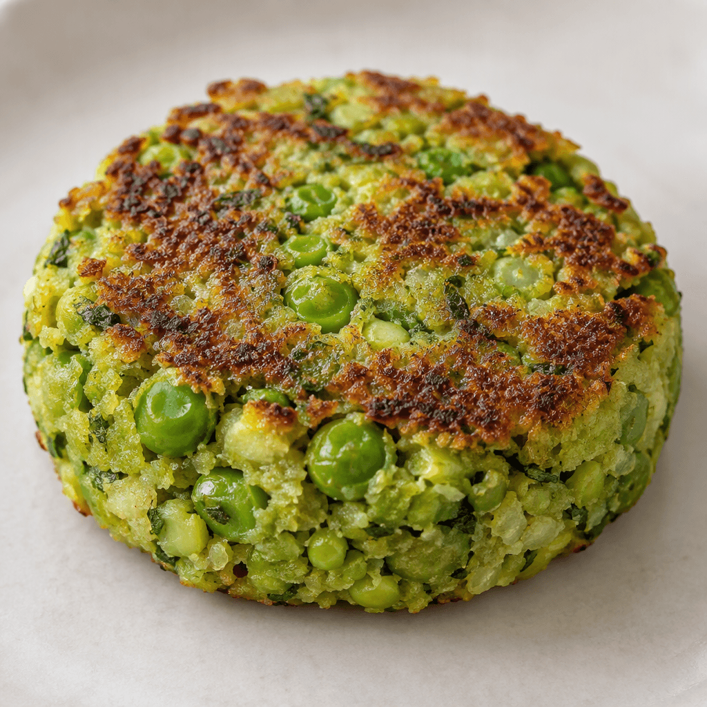 A thick, round, flattened pea patty with a lightly browned, uneven surface and visible green pea pieces.