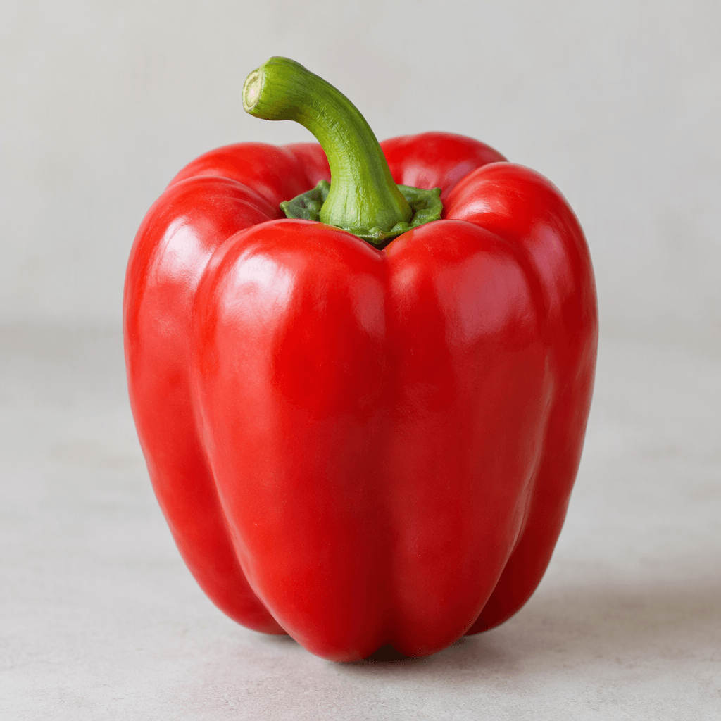 A whole bell pepper with a hollow, rounded body, broad shoulders, smooth glossy skin, gently lobed sides, and a short green stem at the top.