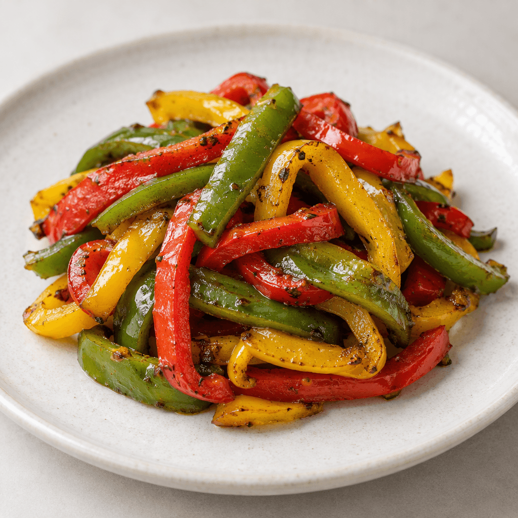 Soft, glossy strips of green, red, and yellow peppers lie in a small pile on a plate, with wilted edges and a few lightly browned spots.