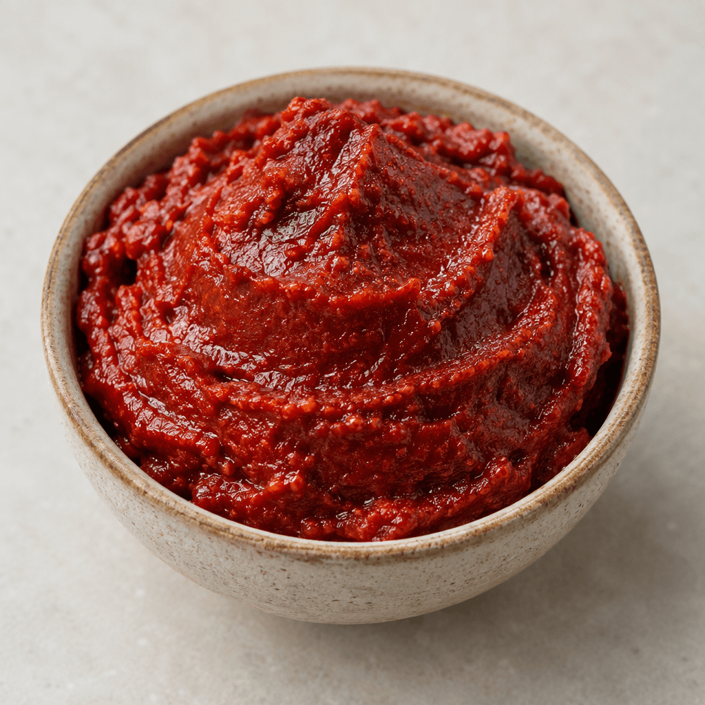 A thick, glossy deep red pepper paste with a smooth, slightly coarse texture, heaped in a small bowl with rich brick-red colour and darker red streaks on the surface.
