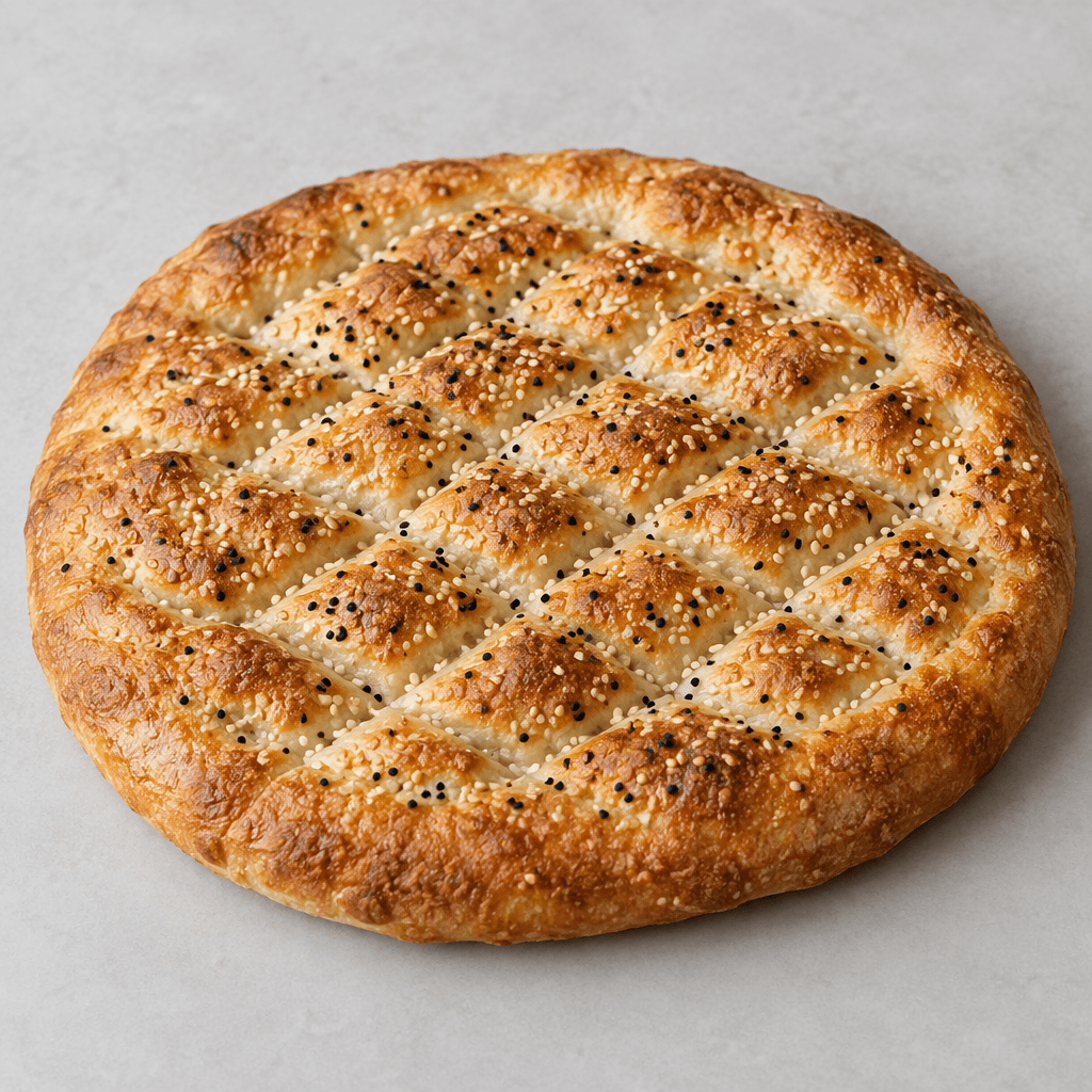 A broad, oval, slightly puffed flatbread with a golden-brown crust, shallow diamond-shaped ridges across the top, and scattered sesame and black nigella seeds, served whole or cut into wedges.