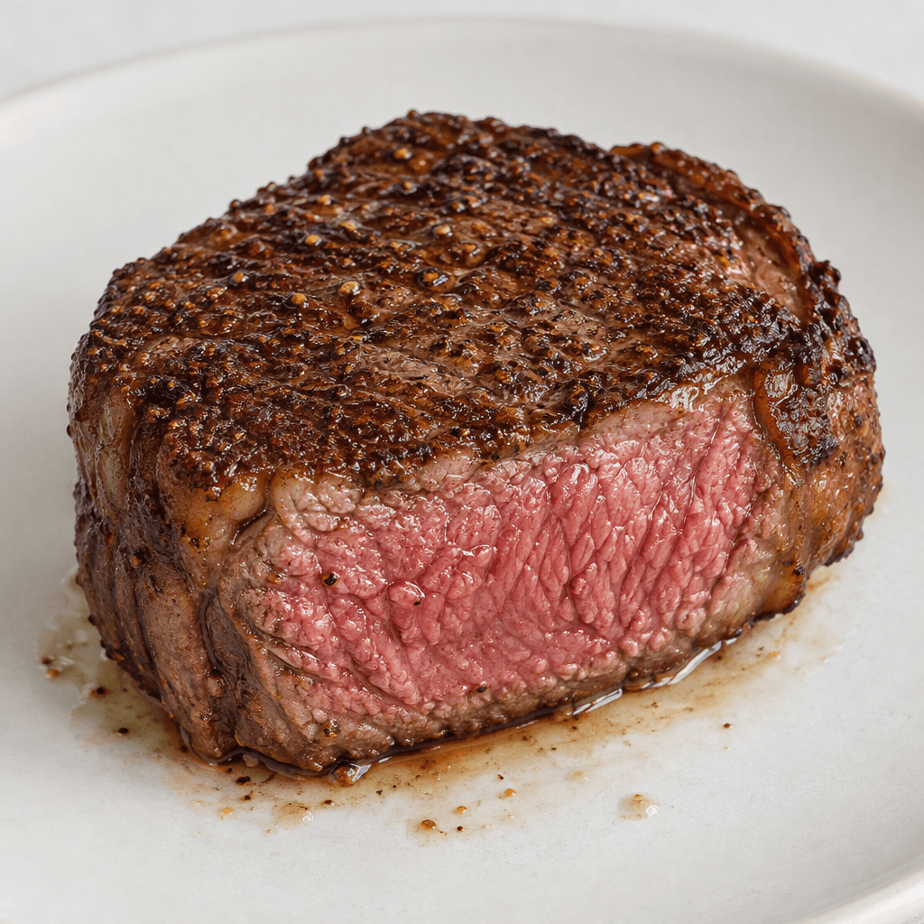 A thick, irregularly oval beef steak with a dark brown seared crust, a moist rosy-pink center, visible fine muscle grain, and a few glistening juices on a plain plate.