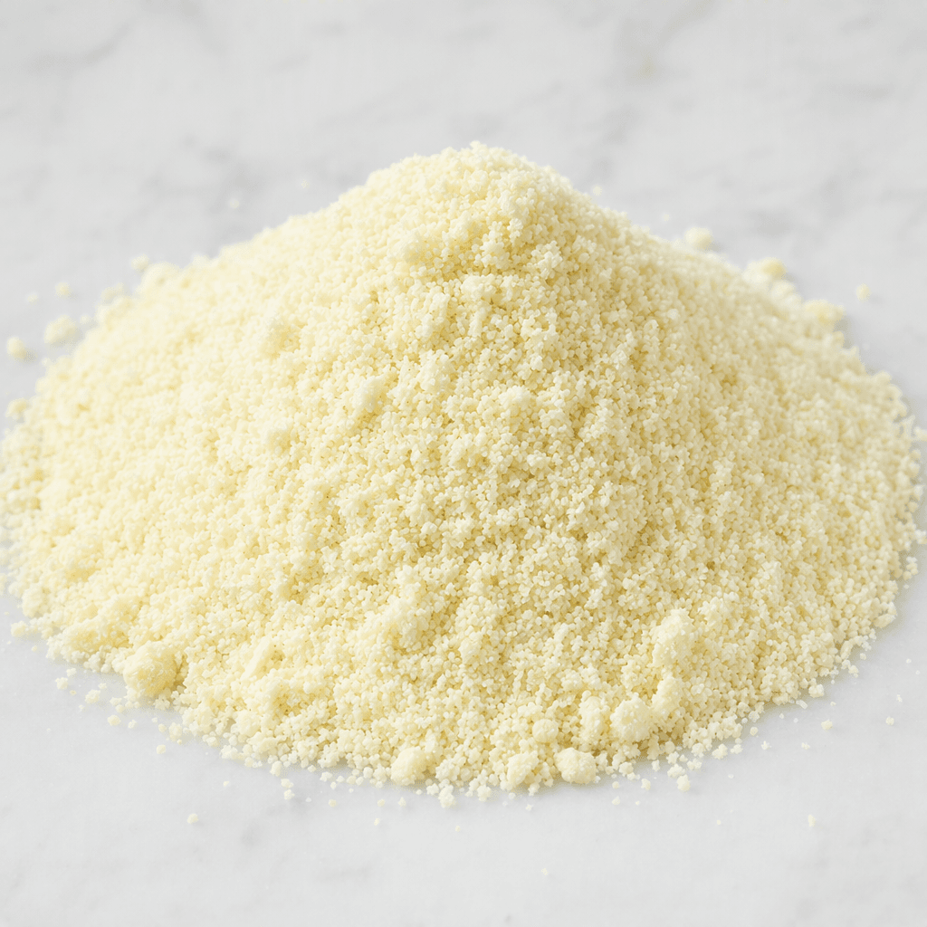A small mound of fine, pale powder with a slightly grainy texture, loosely piled on a clean surface.