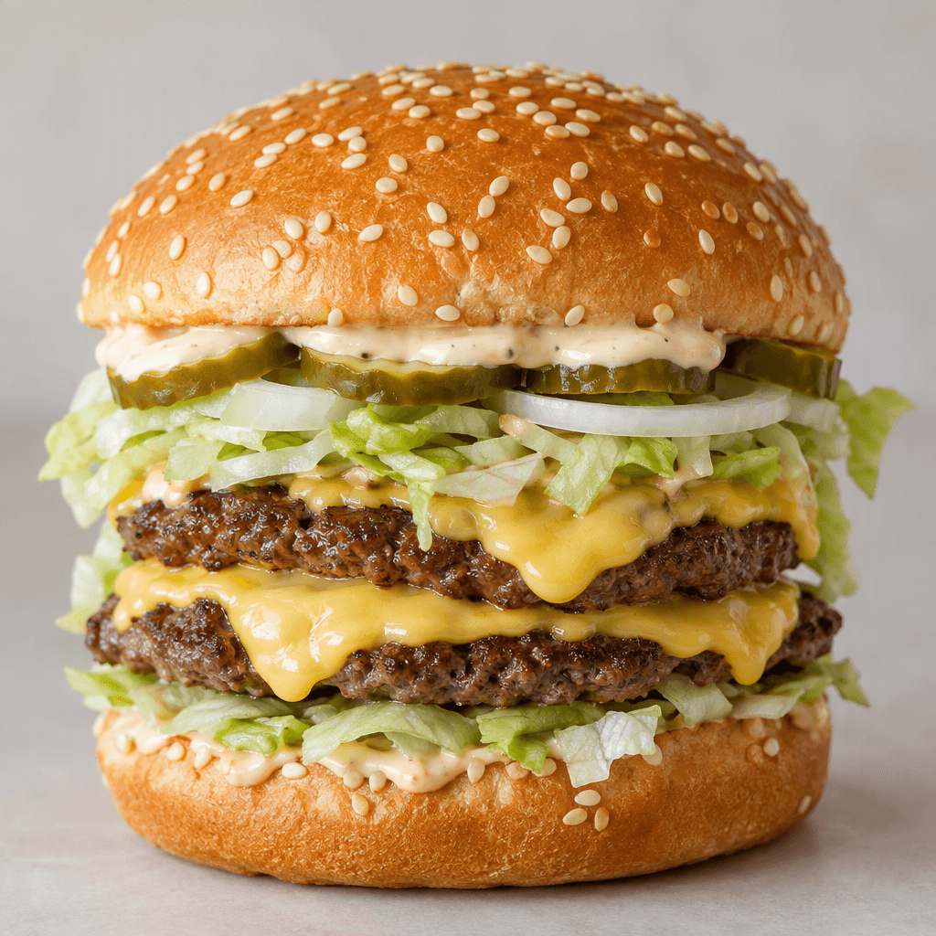 Uzun susamlı bir burger ekmeğinin arasında iki adet kızarmış dana köftesi, açık saman sarısı renkte erimiş peynir, kıyılmış marul, dilimlenmiş soğan, yuvarlak turşu dilimleri ve parlak kremalı sos bulunur; katmanlar kenarlardan görünür.