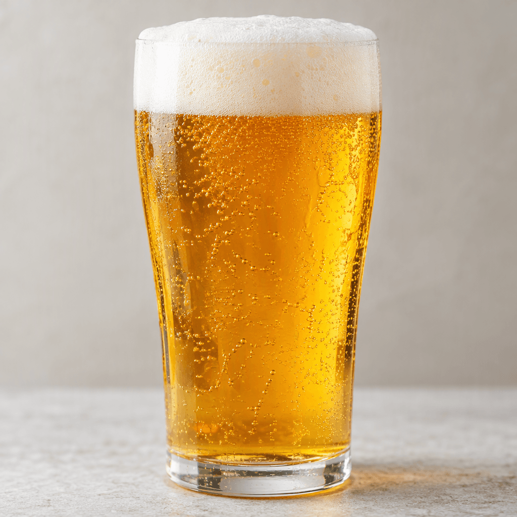 A clear golden-amber beer fills a transparent glass, topped with a thick white foamy head and fine bubbles rising through the liquid.