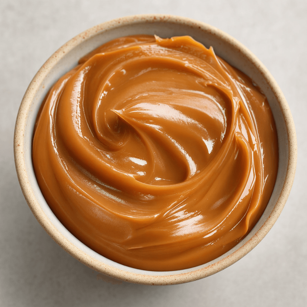 A glossy, smooth, thick caramel-brown spread sits in a small bowl, with soft swirls and rounded peaks across its surface.