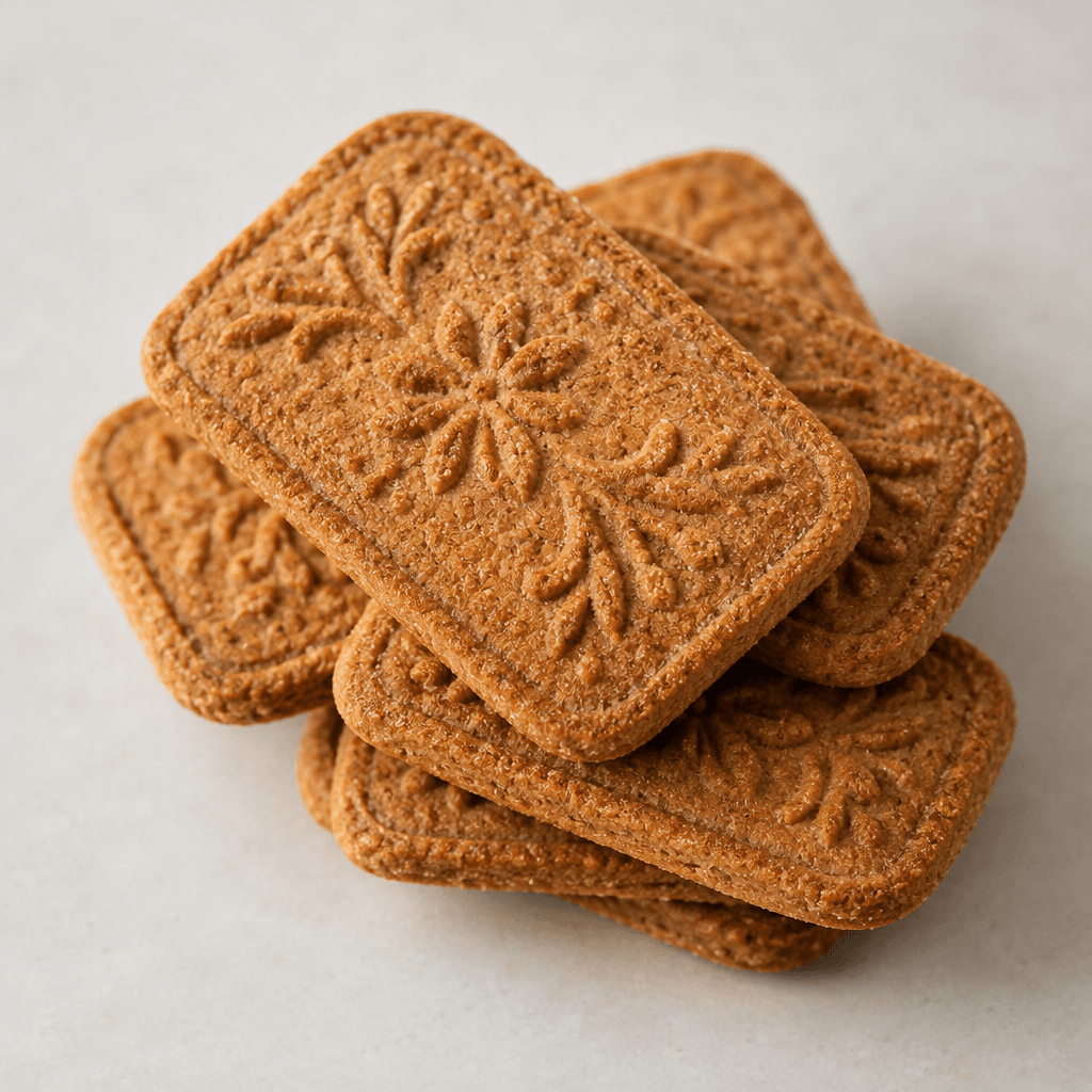 Thin, crisp rectangular biscuits with rounded corners, a warm caramel-brown colour, a fine grainy surface, and shallow embossed floral patterns, arranged in a small overlapping stack.