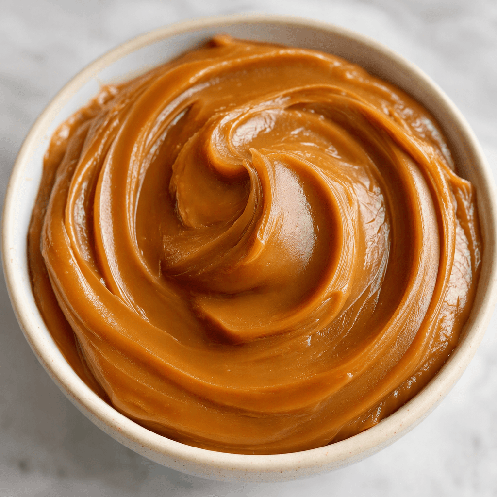 A thick, smooth, glossy caramel-brown spread sits in a small bowl, its surface shaped into soft swirls.