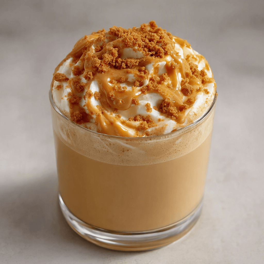 A creamy light-brown latte is served in a clear glass, topped with a swirl of whipped cream, a drizzle of caramel-colored spread, and fine golden-brown spiced biscuit crumbs.