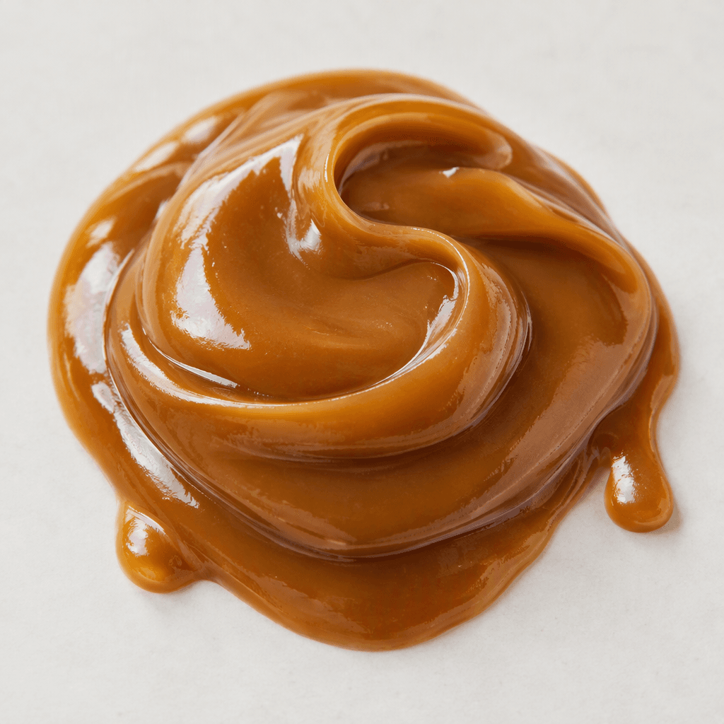 A glossy, thick, warm caramel-brown sauce with a smooth, creamy texture, spooned into a small pool with soft ribbons and a few rounded drips.