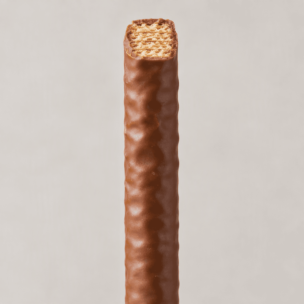 A slender, straight wafer stick with a crisp, layered light-golden interior and a smooth milk-chocolate coating.